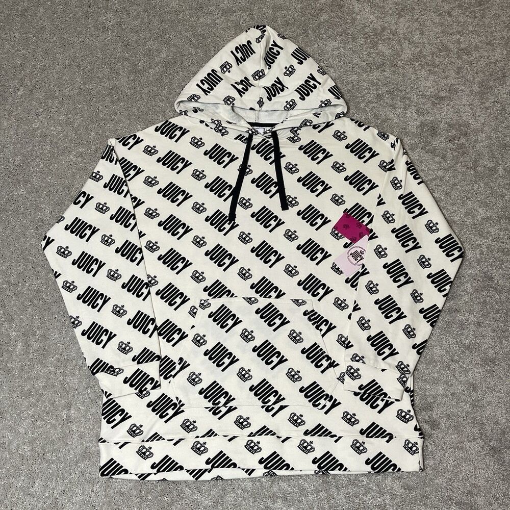 NWT Juicy Couture Crown Juicy Diagonal Logo Hoodie White Women’s XL - J1FPFA35P